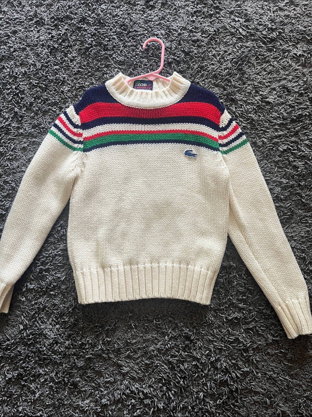 Lacoste vintage Cream Crewneck Sweater with Navy, Red & Green Stripes 🤍